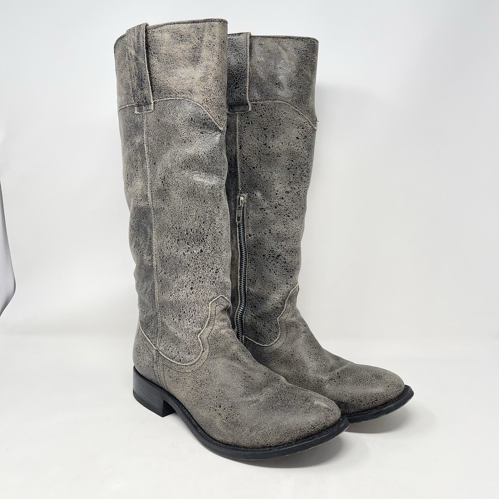 Stetson Handmade Riding Boots Wmns 8.5 Blk Crackle Leather Inside Zip Round Toe‎